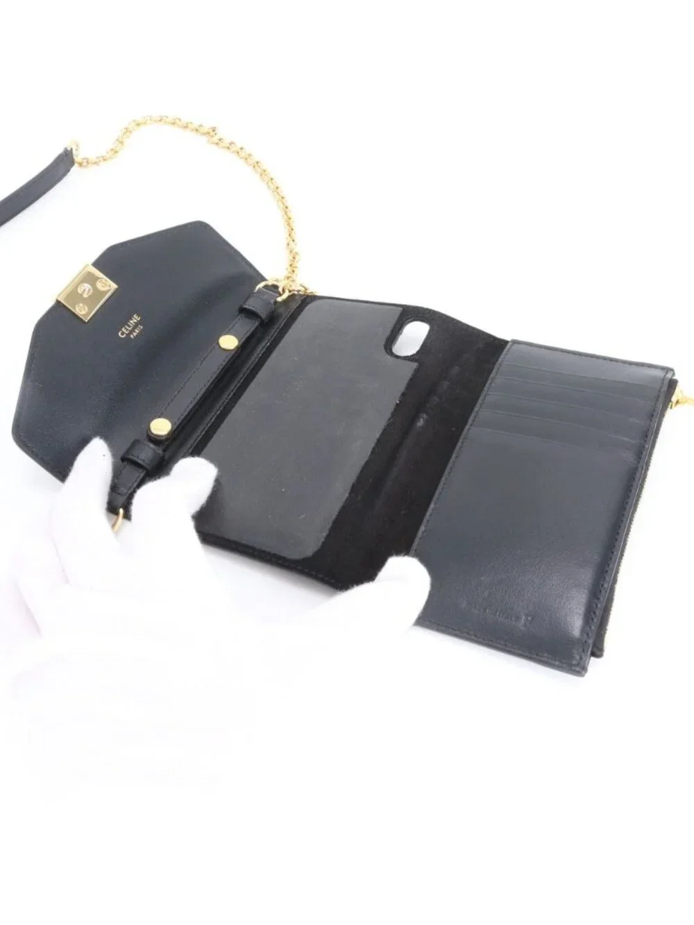 Celine Chain Shoulder Iphonex Cover Case Leather Smartphone Crossbody Black Gold - Picture 7 of 10